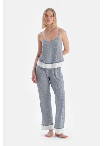 Lacivert Metraj Desenli Atlet Pantolon Pijama Takımı