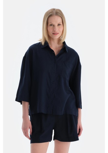 Lacivert Uzun Kollu Keten Dokuma Gömlek