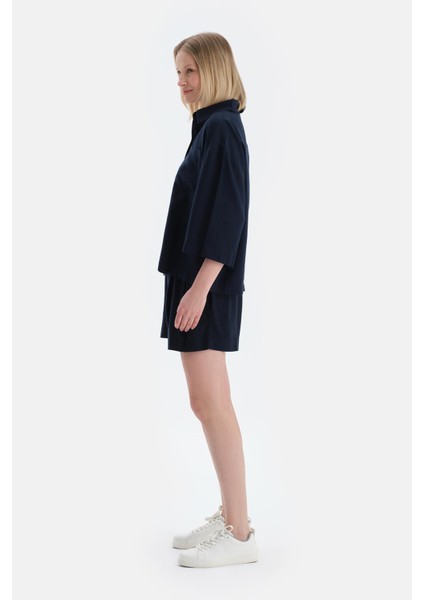 Lacivert Uzun Kollu Keten Dokuma Gömlek modelleri