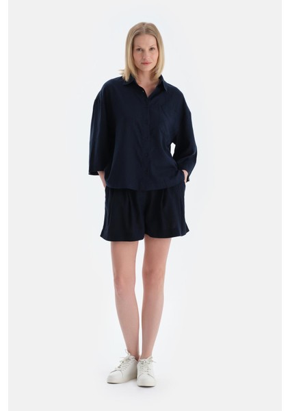 Lacivert Uzun Kollu Keten Dokuma Gömlek fırsatları