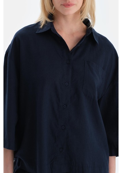 Lacivert Uzun Kollu Keten Dokuma Gömlek indirimleri