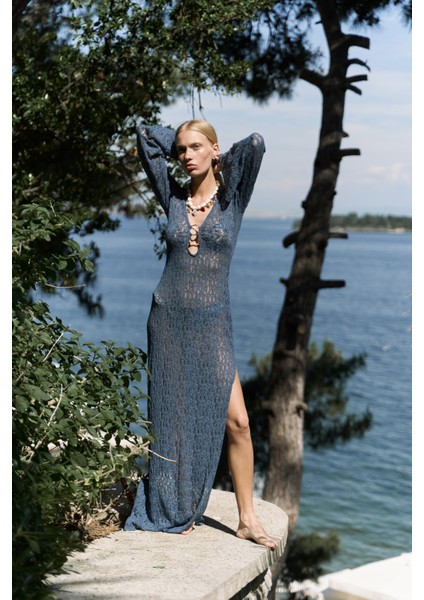 Caroline Dantelli Indigo Uzun Elbise