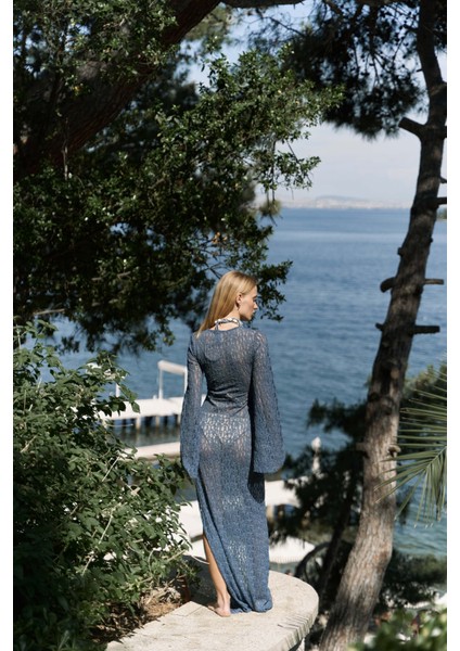 Caroline Dantelli Indigo Uzun Elbise