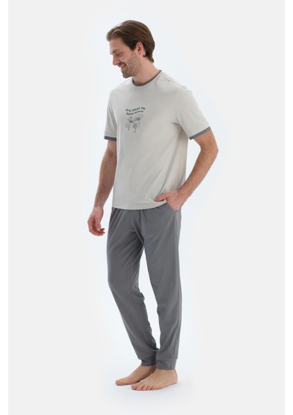 Açık Gri Kısa Kollu Baskı Detaylı Tişört Pantolon Pijama Takımı modelleri