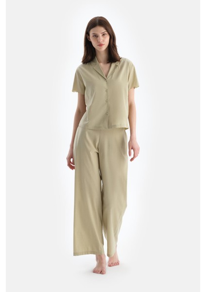 Açık Yeşil Dikiş Detaylı Dokuma Pantolon