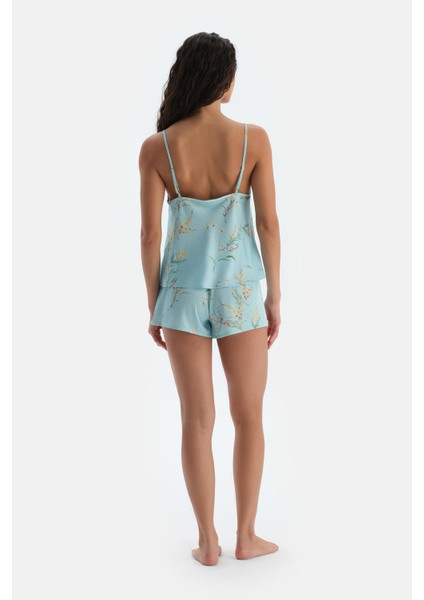 Mavi V Yaka Baskılı Saten Camısole fiyatları