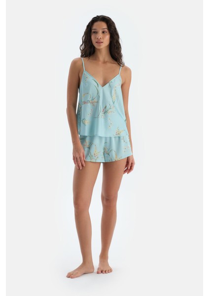 Mavi V Yaka Baskılı Saten Camısole fırsatları