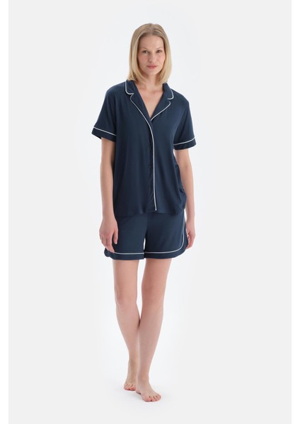Indigo Biye Detaylı Kısa Kollu Gömlek Şort Pijama Takımı
