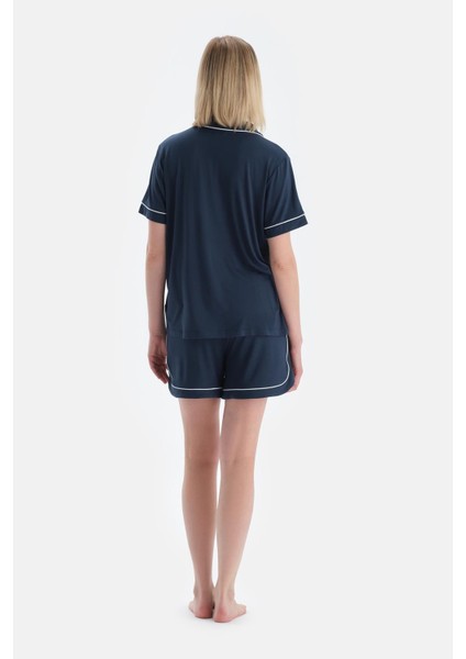 Indigo Biye Detaylı Kısa Kollu Gömlek Şort Pijama Takımı fiyatları