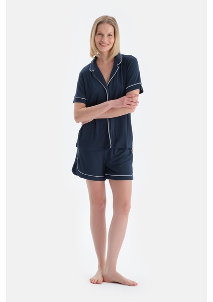 Indigo Biye Detaylı Kısa Kollu Gömlek Şort Pijama Takımı fırsatları