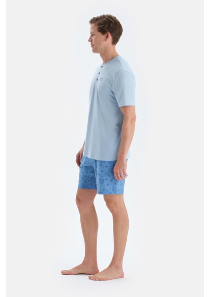 Mavi Baskı Detaylı Kısa Kollu Tişört Şort Pijama Takımı modelleri