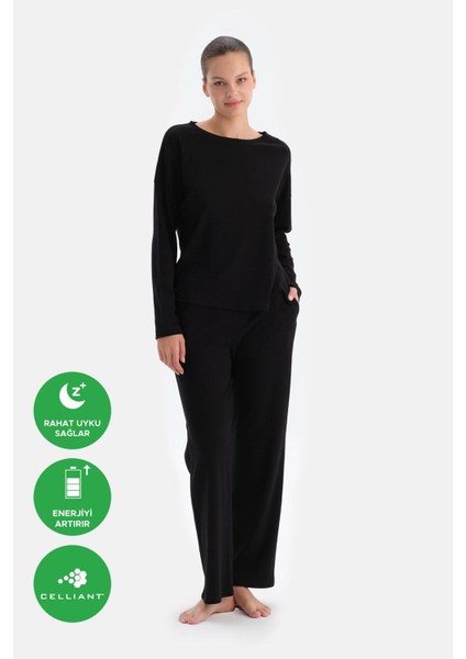 Siyah Bisiklet Yaka Düşük Omuz Cellıant Pijama Takımı