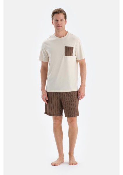 Ekru Cep Detaylı Kısa Kollu Tişört Şort Pijama Takımı
