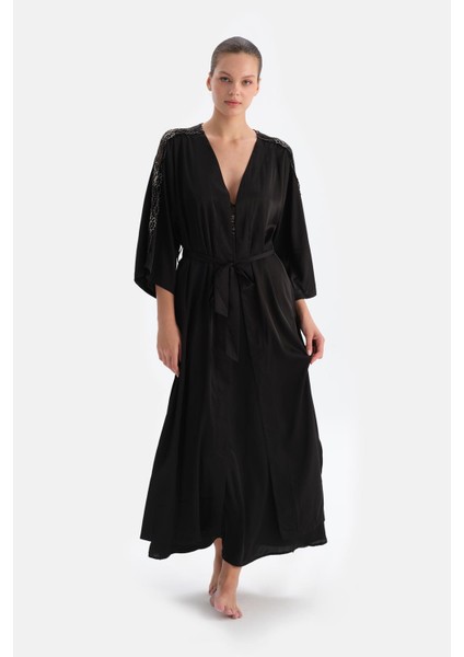 Siyah Dantel Detaylı Saten Brıde Sabahlık