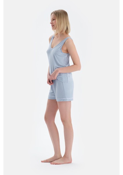Buz Mavisi V Yaka Modal Atlet Şort Pijama Takımı modelleri