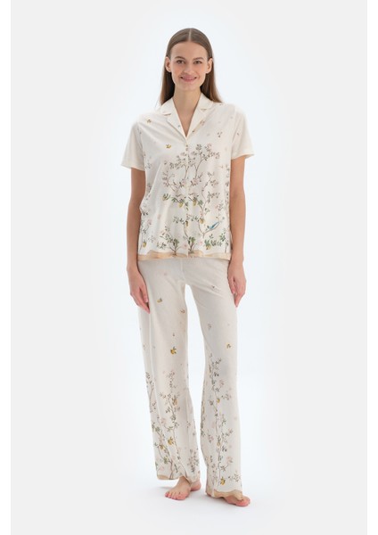 Ekru Çiçek Desenli Gömlek Pantolon Pijama Takımı