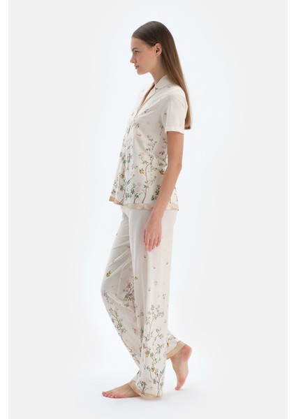 Ekru Çiçek Desenli Gömlek Pantolon Pijama Takımı modelleri