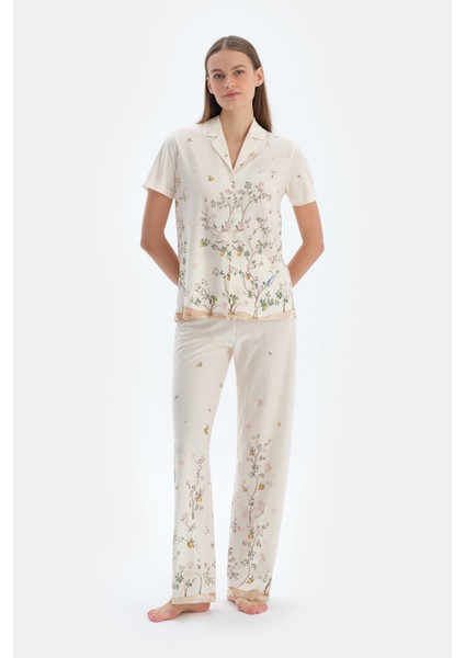 Ekru Çiçek Desenli Gömlek Pantolon Pijama Takımı fırsatları