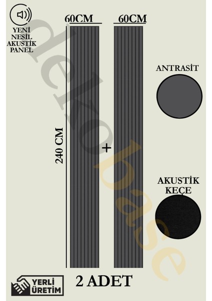 Antrasit (2 Adet) 60X240CM Yeni Nesil Akustik Ahşap Duvar Paneli