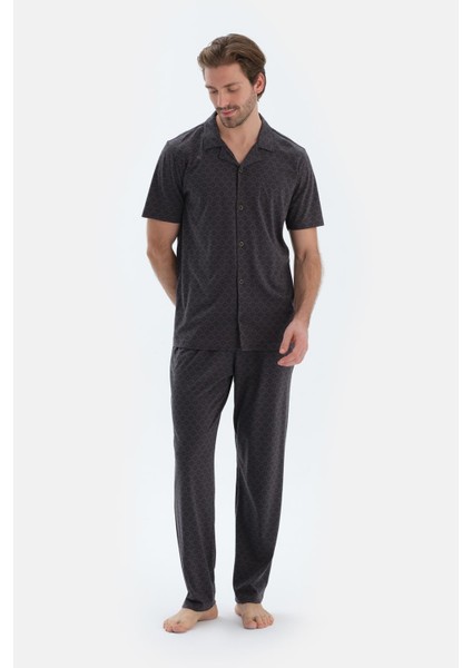 Antrasıt Mıkroprınt Baskılı Penye Modal Gömlek Pantolon Pijama Takımı