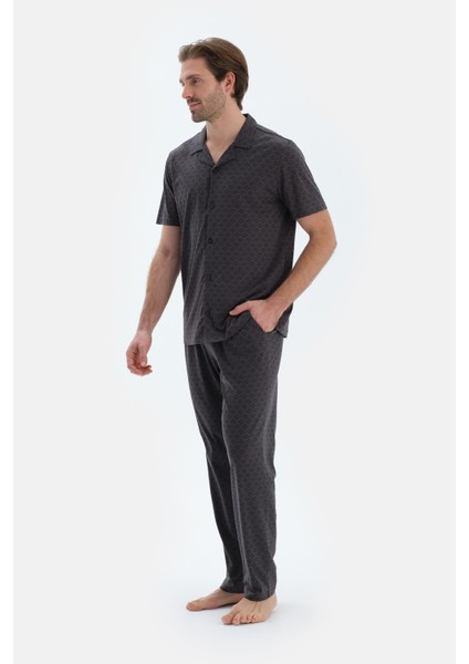 Antrasıt Mıkroprınt Baskılı Penye Modal Gömlek Pantolon Pijama Takımı modelleri