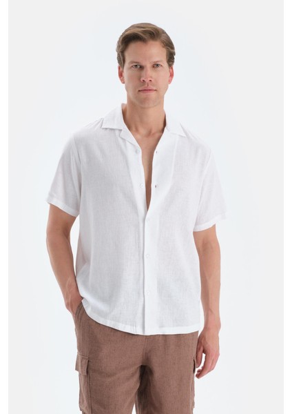 Beyaz Kısa Kollu Keten Gömlek