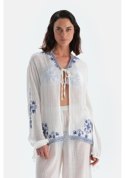 Beyaz Uzun Kol Önden Bağlamalı Gömlek