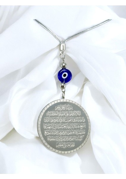 Yassı Nazar Boncuklu Gümüş Renk Çelik Çift Taraflı Ayetel Kürsi Felak Nas Ihlas Araba Ayna Süsü