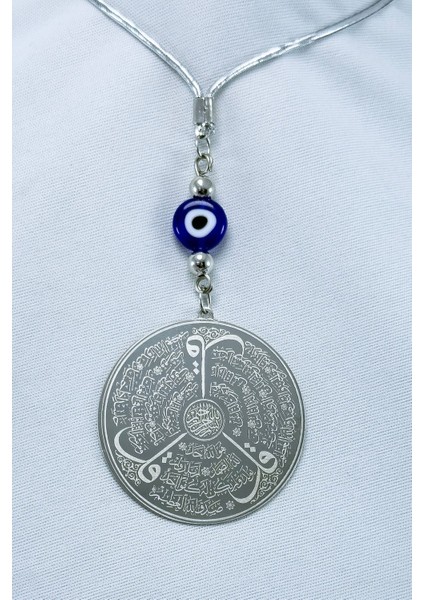 Yassı Nazar Boncuklu Gümüş Renk Çelik Çift Taraflı Ayetel Kürsi Felak Nas Ihlas Araba Ayna Süsü fırsatları