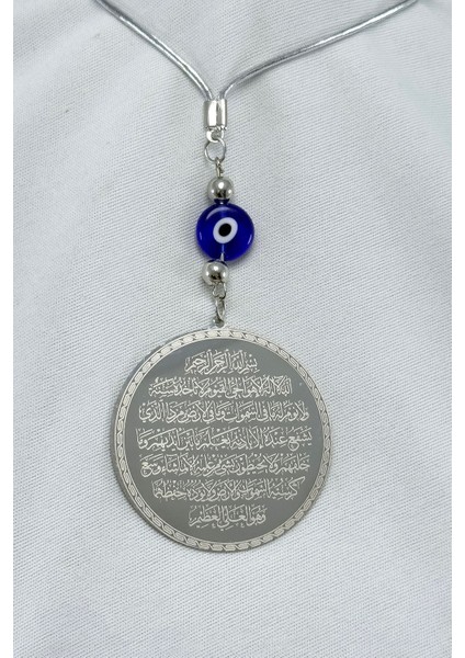 Yassı Nazar Boncuklu Gümüş Renk Çelik Çift Taraflı Ayetel Kürsi Felak Nas Ihlas Araba Ayna Süsü