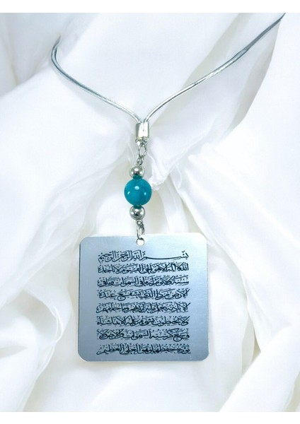 Turkuaz Doğal Taşlı Çift Taraflı Metal Üzerine Uv Baskı Ayetel Kürsi Araba Dikiz Ayna Süsü