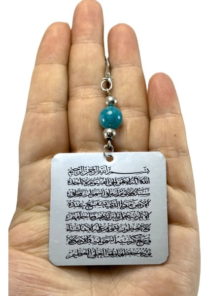 Turkuaz Doğal Taşlı Çift Taraflı Metal Üzerine Uv Baskı Ayetel Kürsi Araba Dikiz Ayna Süsü modelleri