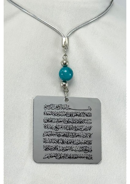 Turkuaz Doğal Taşlı Çift Taraflı Metal Üzerine Uv Baskı Ayetel Kürsi Araba Dikiz Ayna Süsü