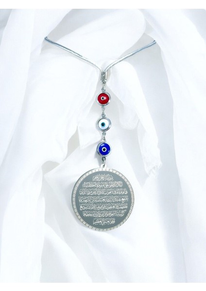 Çerçeveli Renkli Nazar Gümüş Renk Çelik Çift Taraflı Ayetel Kürsi Felak Nas Ihlas Araba Ayna Süsü