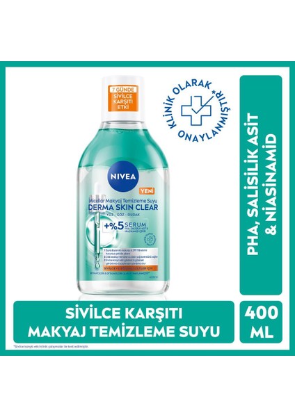Nıvea Micellar Makyaj Temizleme Suyu Derma Skin Clear 400 Ml, Serum Içerikli,niasinamid,salisilik Asit,pha