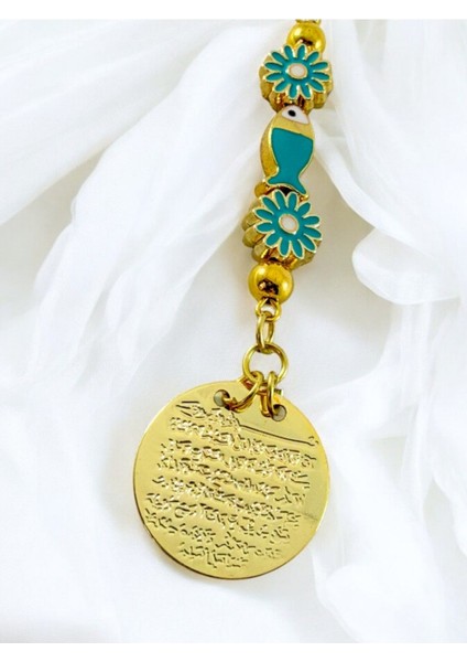 Turkuaz Balık Papatya Çiçek Metal Ayetel Kürsi Altın Renkli Araba Dikiz Ayna Süsü