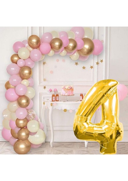 4 Yaş Krom Gold Pastel Pembe ve Beyaz Balon Seti Gold Rakamlı Doğum Günü Balonu Şık Parti Süsleme