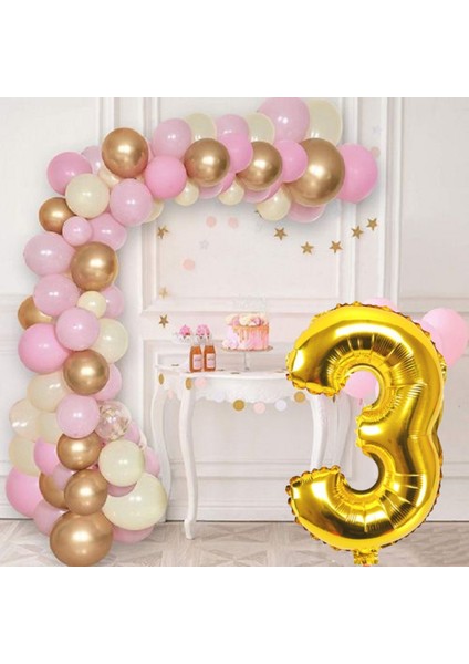 3 Yaş Krom Gold Pastel Pembe ve Beyaz Balon Seti Gold Rakamlı Doğum Günü Balonu Şık Parti Süsleme