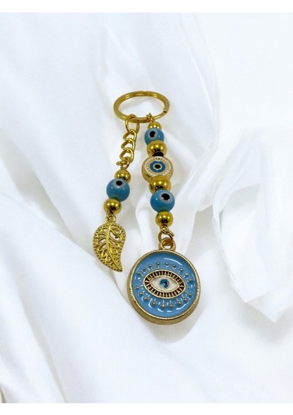 Açık Mavi Cam Nazar Boncuklu Metal Anahtarlık, El Yapımı Hediyelik Çanta Süsü
