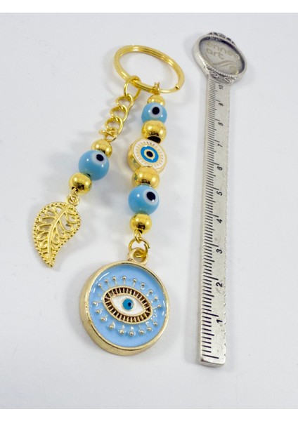 Açık Mavi Cam Nazar Boncuklu Metal Anahtarlık, El Yapımı Hediyelik Çanta Süsü