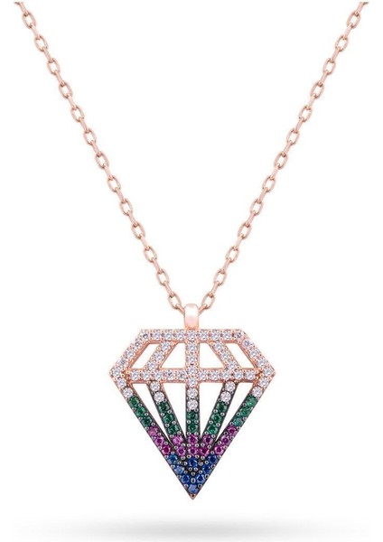 Renkli Zirkon Taşlı Diamond 925 Ayar Gümüş Kolye
