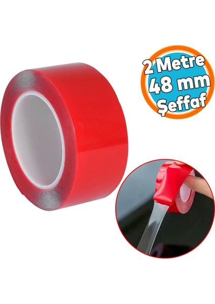Çift Taraflı Şeffaf Silikon Bant Montaj Bandı 48 mm x 2 Metre Güçlü Çok Amaçlı Yapıştırıcı 1 Adet