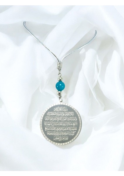 Turkuaz Doğal Taşlı Gümüş Renk Çelik Çift Taraflı Ayetel Kürsi Felak Nas Ihlas Araba Ayna Süsü