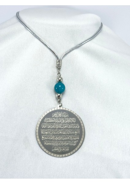 Turkuaz Doğal Taşlı Gümüş Renk Çelik Çift Taraflı Ayetel Kürsi Felak Nas Ihlas Araba Ayna Süsü fiyatları