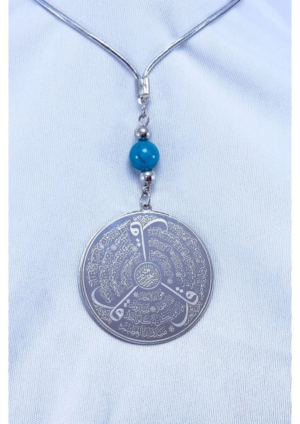 Turkuaz Doğal Taşlı Gümüş Renk Çelik Çift Taraflı Ayetel Kürsi Felak Nas Ihlas Araba Ayna Süsü modelleri