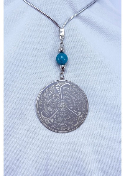 Turkuaz Doğal Taşlı Gümüş Renk Çelik Çift Taraflı Ayetel Kürsi Felak Nas Ihlas Araba Ayna Süsü indirimleri