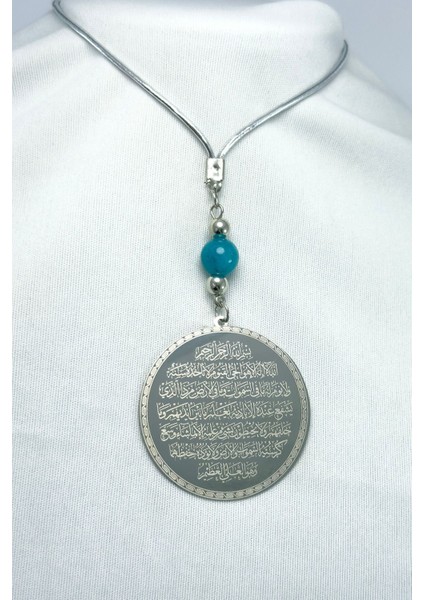 Turkuaz Doğal Taşlı Gümüş Renk Çelik Çift Taraflı Ayetel Kürsi Felak Nas Ihlas Araba Ayna Süsü