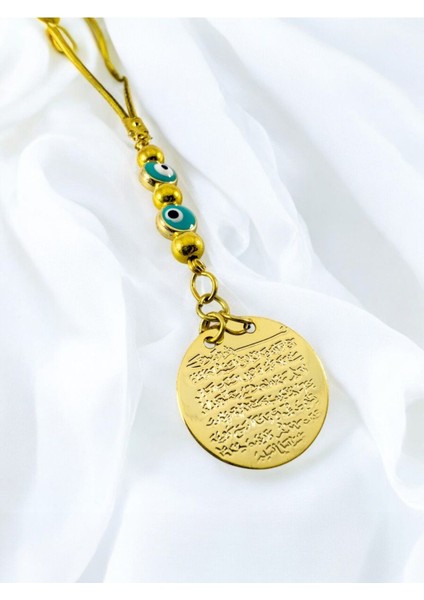 Turkuaz Metal Nazar Boncuklu Metal Ayetel Kürsi Altın Renkli Araba Dikiz Ayna Süsü