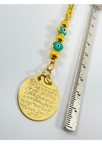 Turkuaz Metal Nazar Boncuklu Metal Ayetel Kürsi Altın Renkli Araba Dikiz Ayna Süsü