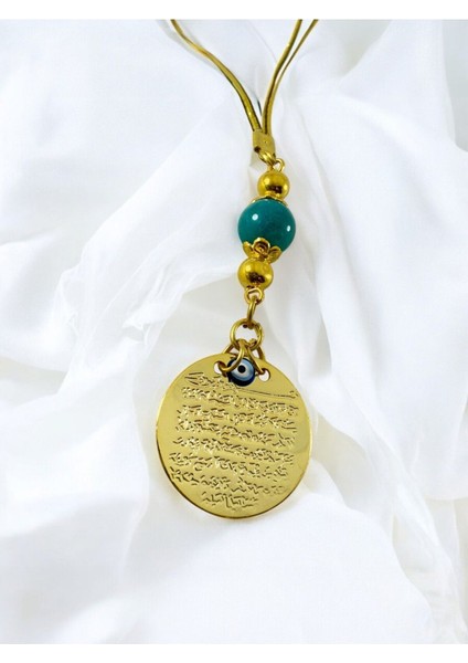 Turkuaz Doğal Taş Boncuklu Metal Ayetel Kürsi Altın Renkli Araba Dikiz Ayna Süsü, Nazar Boncuklu